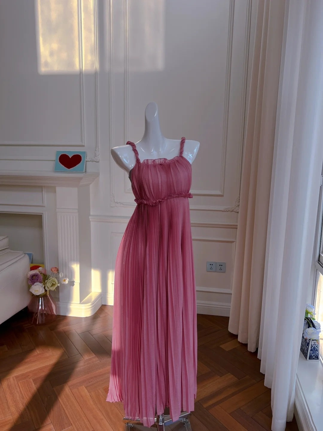 Chic Spaghetti Straps Pink Prom Dress Pleated A-Line Evening Dress GG6037