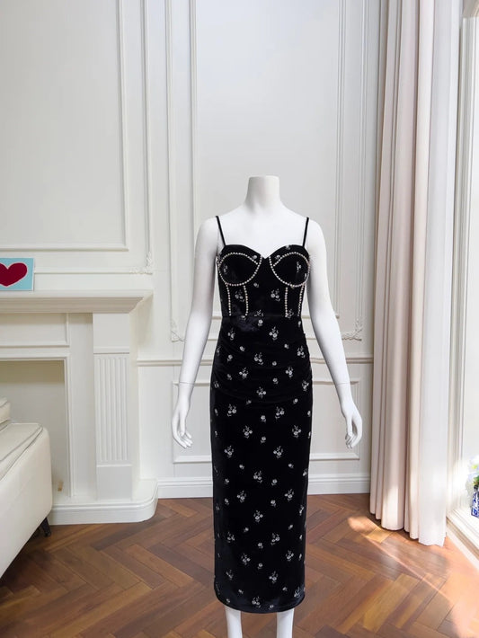 Charming Spaghetti Straps Beaded Black Prom Dress Floral Slit Sheath Evening Dress GG6039