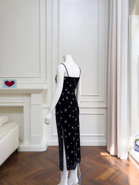Charming Spaghetti Straps Beaded Black Prom Dress Floral Slit Sheath Evening Dress GG6039