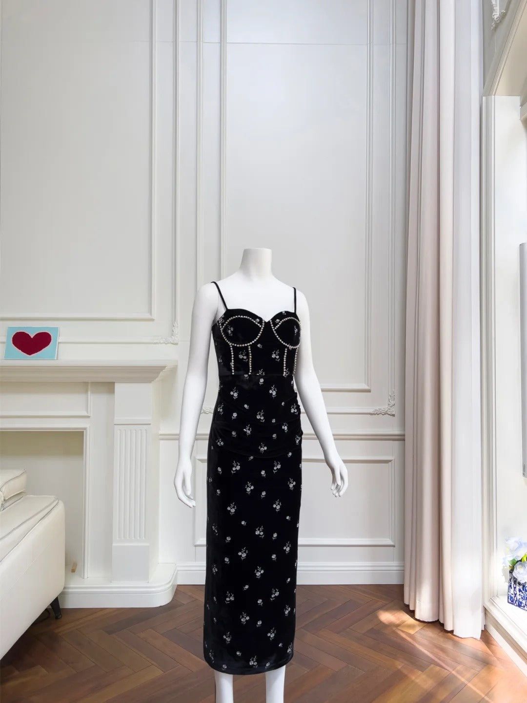 Charming Spaghetti Straps Beaded Black Prom Dress Floral Slit Sheath Evening Dress GG6039