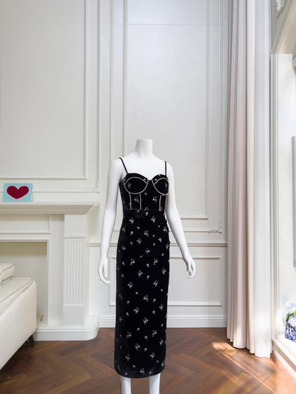 Charming Spaghetti Straps Beaded Black Prom Dress Floral Slit Sheath Evening Dress GG6039