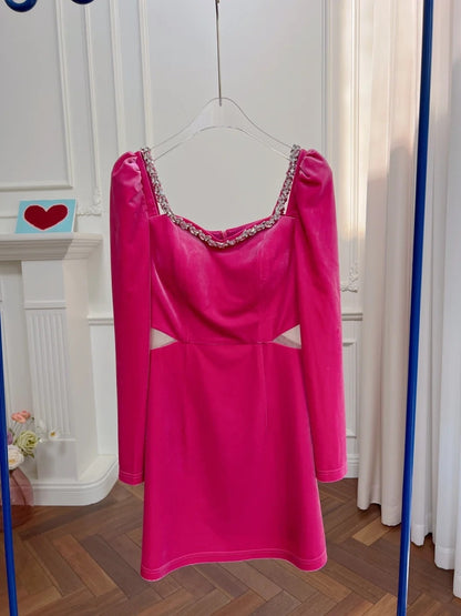Unique Long Sleeve Hot Pink Homecoming Dress Beaded A-Line Birthday Dress GG6040