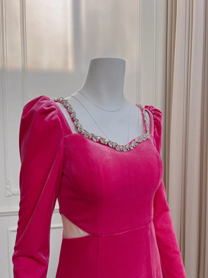 Unique Long Sleeve Hot Pink Homecoming Dress Beaded A-Line Birthday Dress GG6040