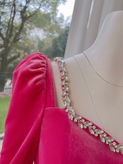Unique Long Sleeve Hot Pink Homecoming Dress Beaded A-Line Birthday Dress GG6040