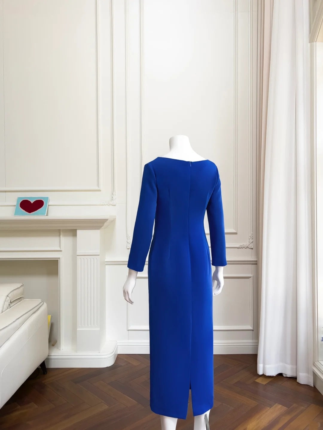 Simple Square Neck Blue Prom Dress Long Sleeve Sheath Evening Dress GG6048