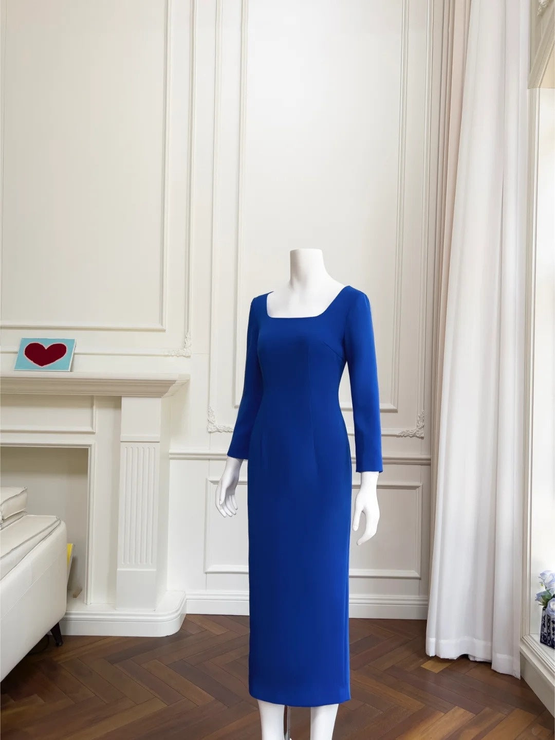 Simple Square Neck Blue Prom Dress Long Sleeve Sheath Evening Dress GG6048