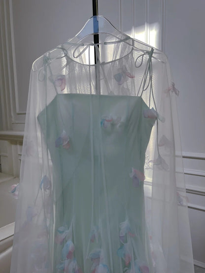 Ornate Spaghetti Straps Green Prom Dress Appliques A-Line Tulle Evening Dress GG6049
