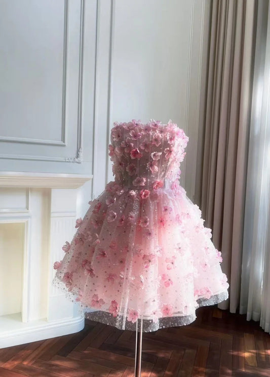 Charming Strapless Pink Homecoming Dress Appliques A-Line Sequins Birthday Dress GG6055