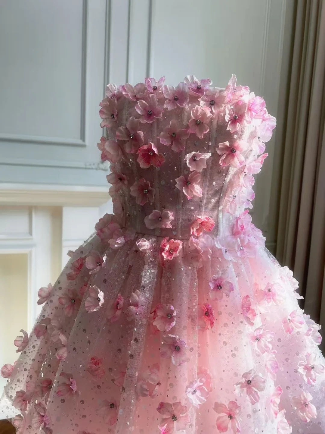 Charming Strapless Pink Homecoming Dress Appliques A-Line Sequins Birthday Dress GG6055