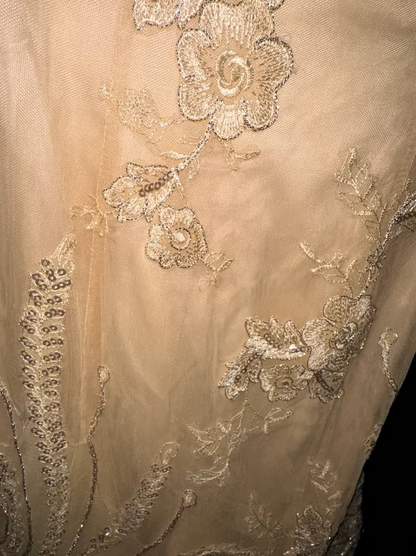 Unique Jewel Neck Beige Prom Dress Appliques Sequins Mermaid Evening Dress GG6058