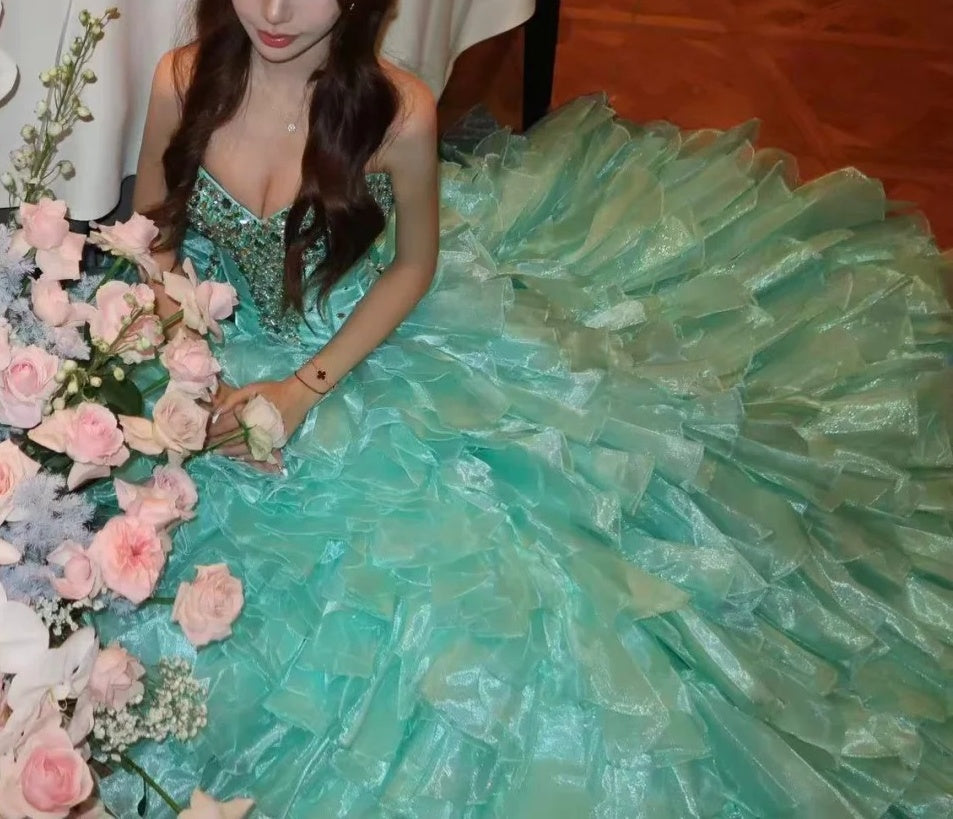 Sparkly Sweetheart Neck Blue Prom Dress Rhinestones A-Line Tiered Evening Dress GG6068