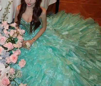 Sparkly Sweetheart Neck Blue Prom Dress Rhinestones A-Line Tiered Evening Dress GG6068