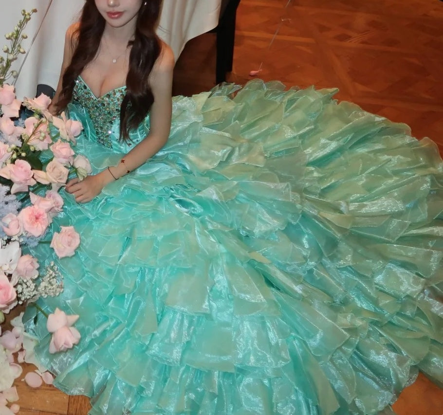 Sparkly Sweetheart Neck Blue Prom Dress Rhinestones A-Line Tiered Evening Dress GG6068