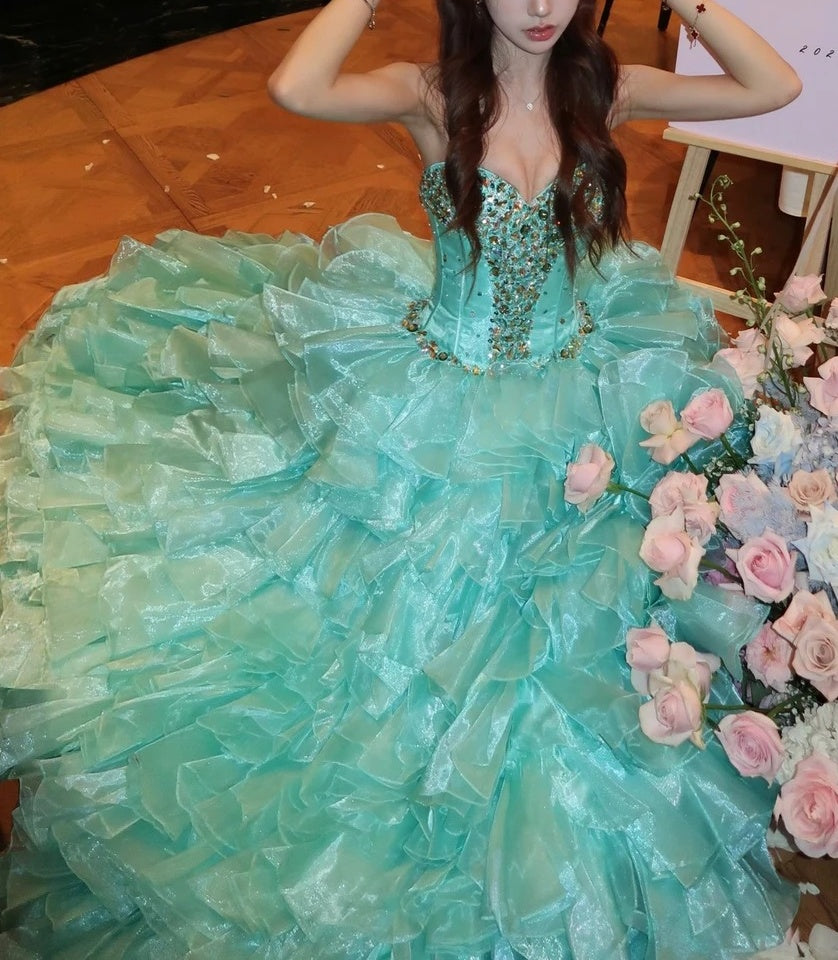 Sparkly Sweetheart Neck Blue Prom Dress Rhinestones A-Line Tiered Evening Dress GG6068