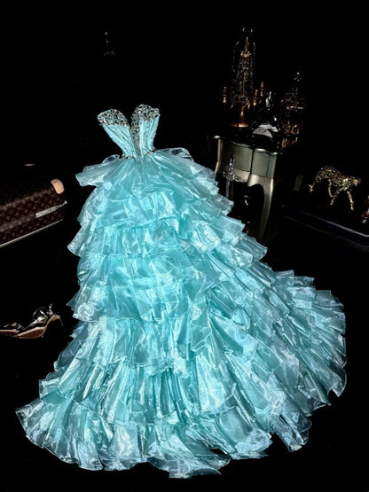 Sparkly Sweetheart Neck Blue Prom Dress Rhinestones A-Line Tiered Evening Dress GG6068