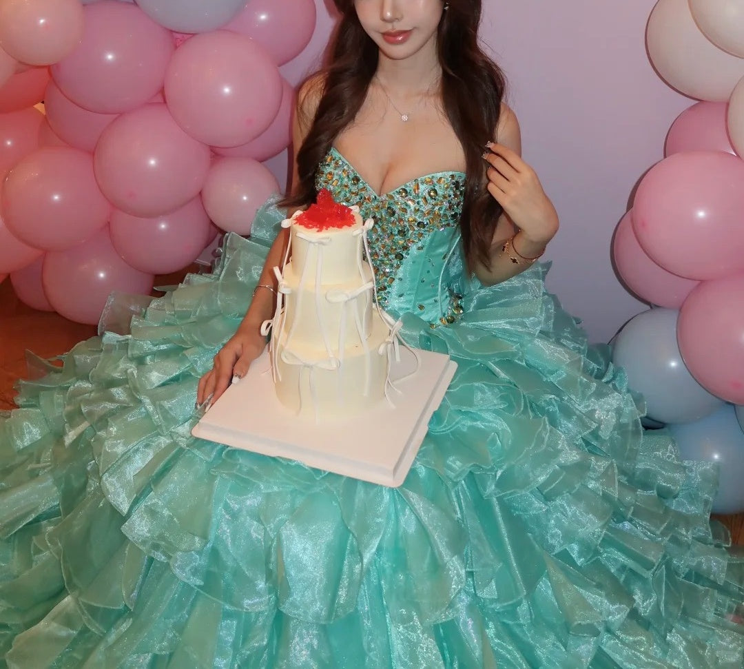 Sparkly Sweetheart Neck Blue Prom Dress Rhinestones A-Line Tiered Evening Dress GG6068