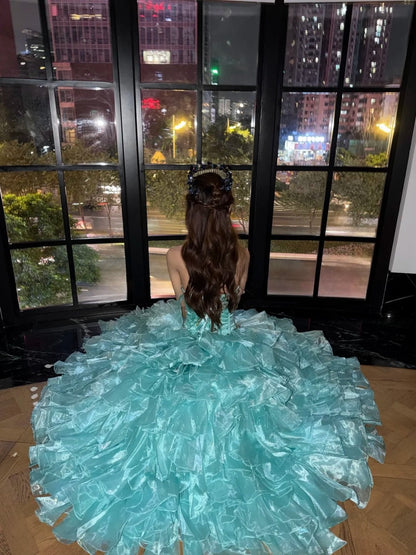 Sparkly Sweetheart Neck Blue Prom Dress Rhinestones A-Line Tiered Evening Dress GG6068