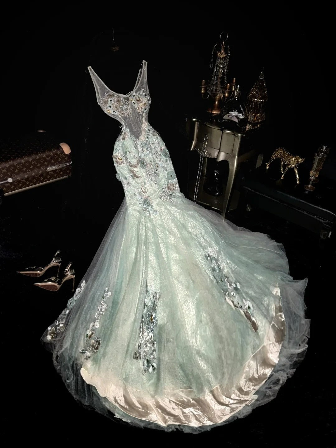 Lustrous Jewel Neck Green Prom Dress Beading Mermaid Evening Dress GG6071