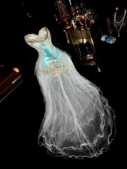 Lovely Strapless Green Prom Dress Appliques Sequins Tulle A-Line Evening Dress GG6077