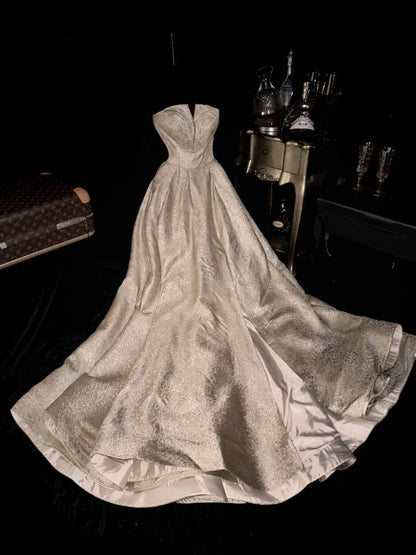 Luxury Strapless Beige Prom Dress Slit Sequins A-Line Evening Dress GG6080