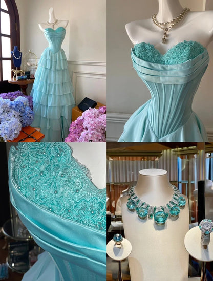Y2K Sweetheart Neck Green Prom Dress Beading Bodice Tiered A-Line Evening Dress GG6074