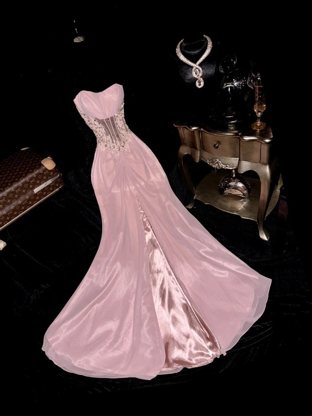 Trendy Strapless Slit Pink Prom Dress Appliques Sequins Mermaid Evening Dress GG6086