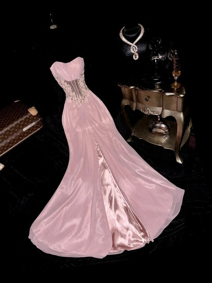 Trendy Strapless Slit Pink Prom Dress Appliques Sequins Mermaid Evening Dress GG6086