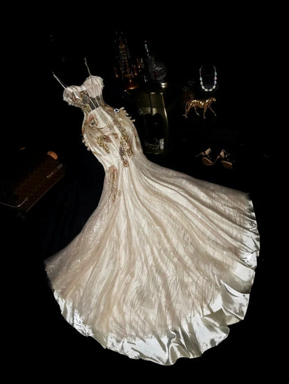 Luxurious Spaghetti Straps Ivory Prom Dress Crystals Mermaid Evening Dress GG6088
