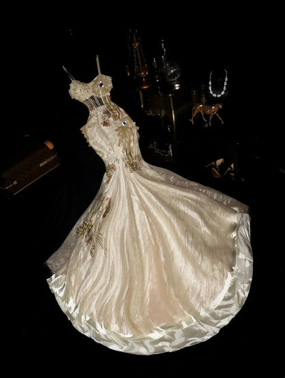 Luxurious Spaghetti Straps Ivory Prom Dress Crystals Mermaid Evening Dress GG6088