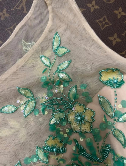 Vintage Boat Neck Green Prom Dress Beading Floral A-Line Evening Dress GG6092