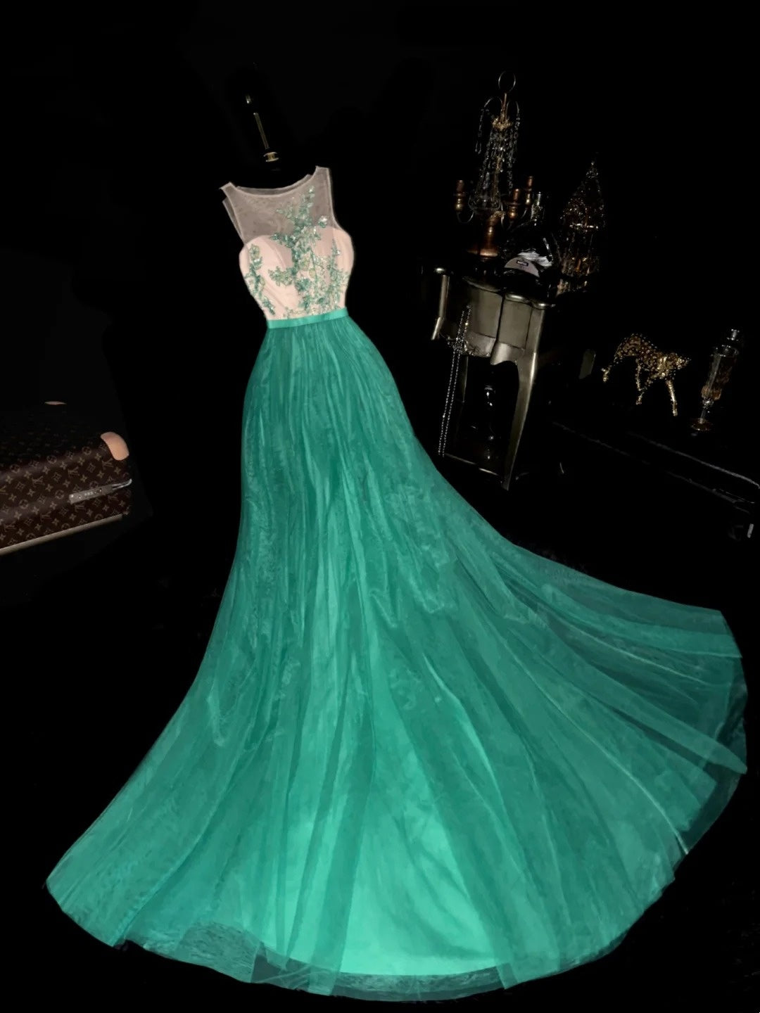 Vintage Boat Neck Green Prom Dress Beading Floral A-Line Evening Dress GG6092