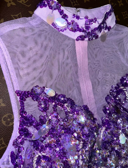 Unique High Collar Purple Prom Dress Sequins Sheath Evening Dress GG6096