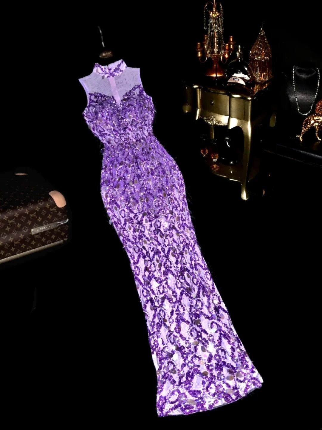 Unique High Collar Purple Prom Dress Sequins Sheath Evening Dress GG6096