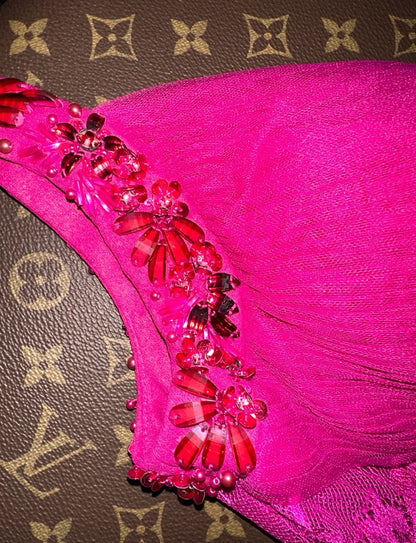 Trendy Spaghetti Straps Hot Pink Prom Dress Beading A-Line Evening Dress GG6097