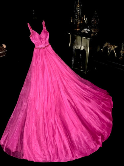 Trendy Spaghetti Straps Hot Pink Prom Dress Beading A-Line Evening Dress GG6097