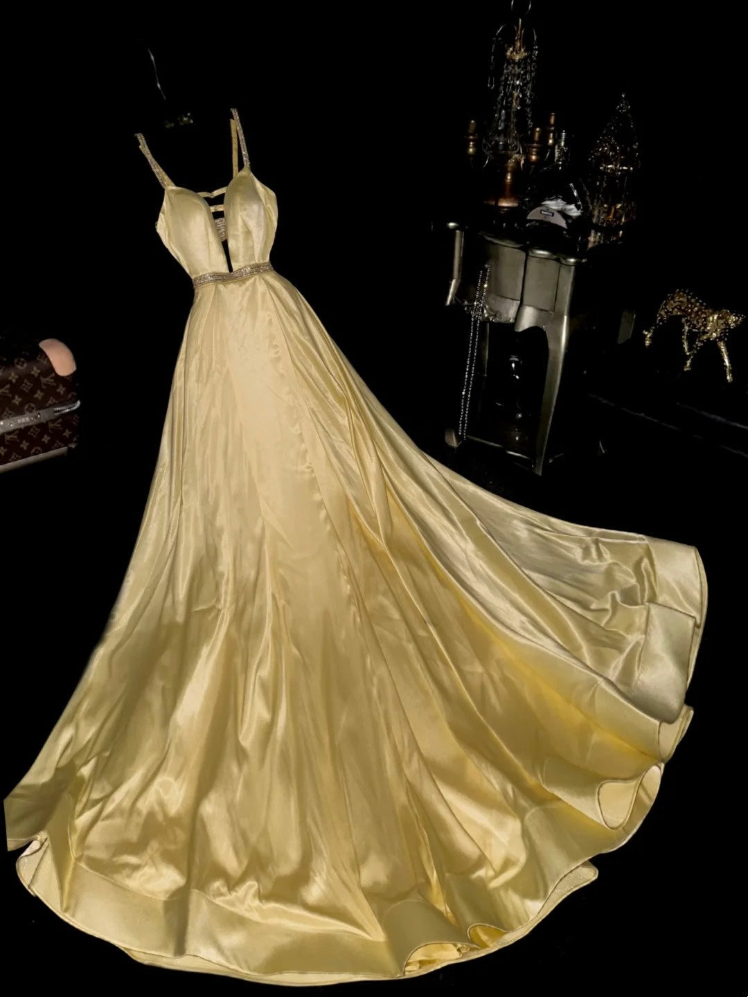 Sleek Beading Spaghetti Straps Prom Dress Long Gold A-Line Evening Dress GG6099