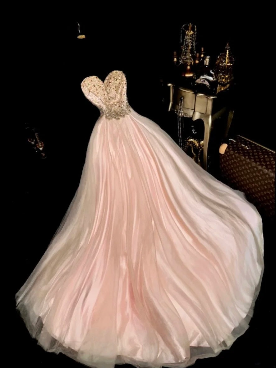 Glittering Strapless Pink Prom Dress Beading Tulle A-Line Evening Dress GG6101
