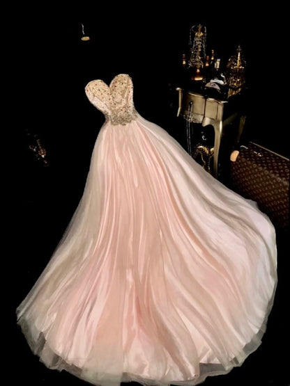Glittering Strapless Pink Prom Dress Beading Tulle A-Line Evening Dress GG6101