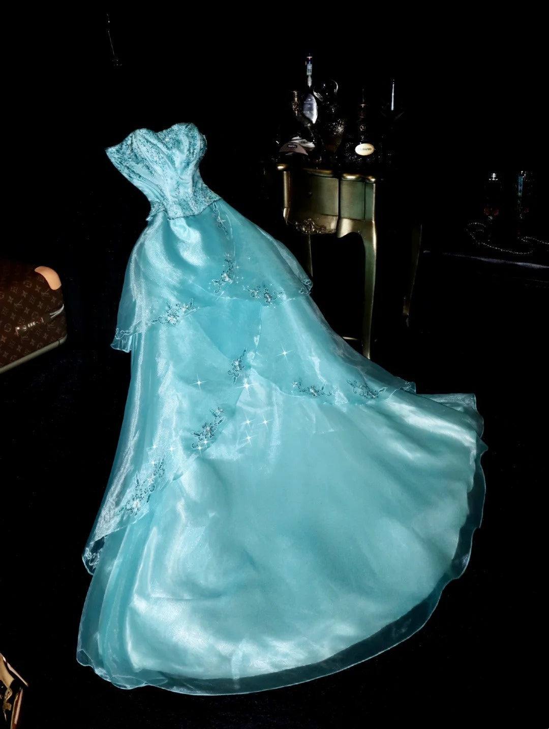 Charming Strapless Blue Prom Dress Sequins Embroidered A-Line Evening Dress GG6102