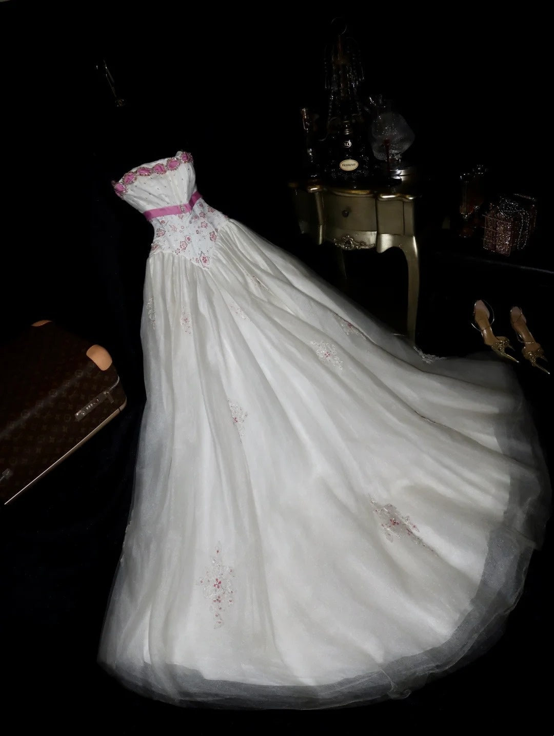 Sweet Strapless Sequins White Prom Dress Tulle Pink Floral A-Line Evening Dress GG6103