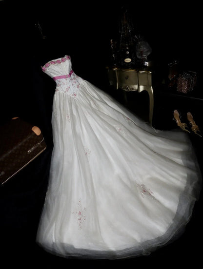 Sweet Strapless Sequins White Prom Dress Tulle Pink Floral A-Line Evening Dress GG6103
