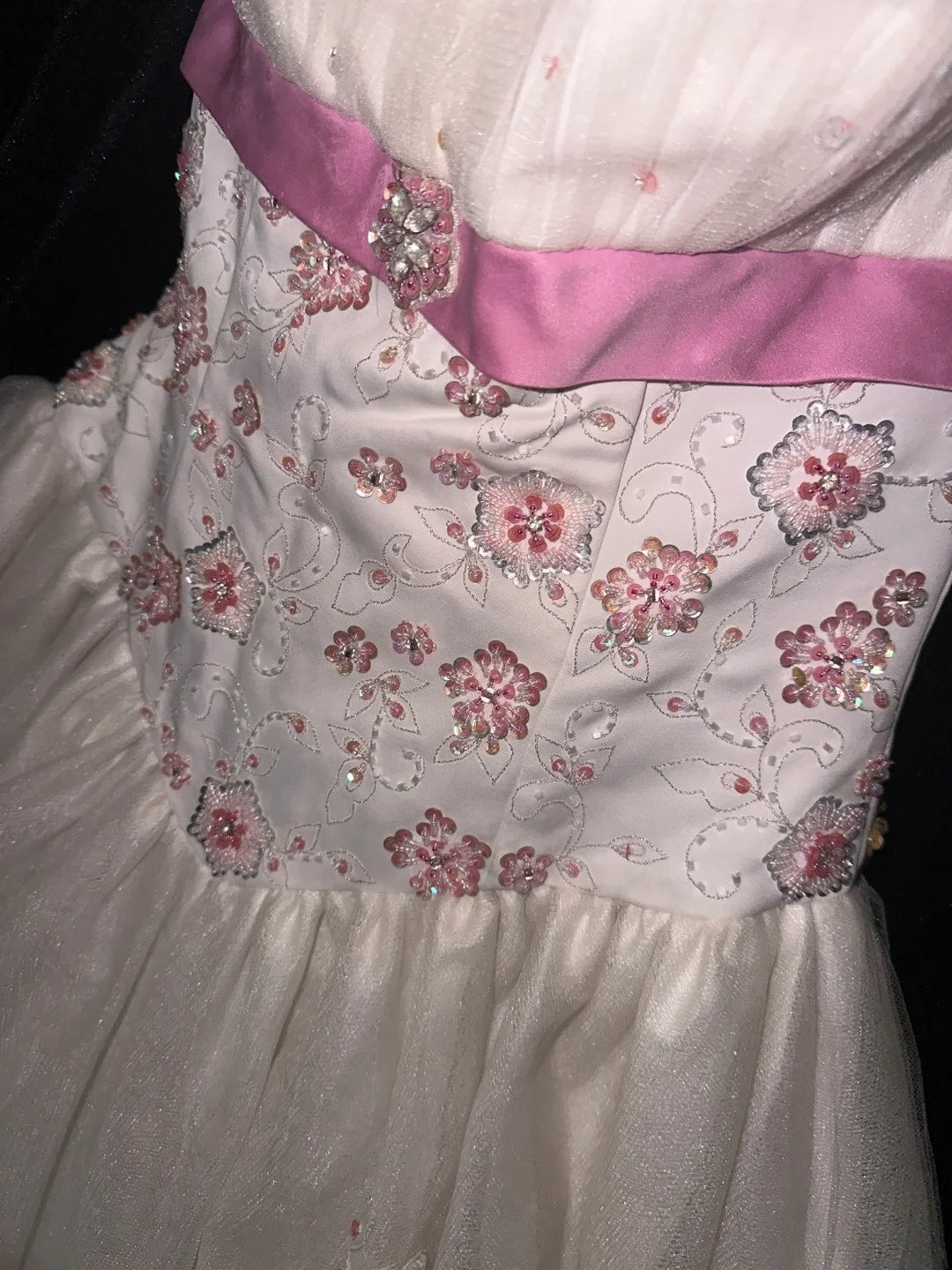 Sweet Strapless Sequins White Prom Dress Tulle Pink Floral A-Line Evening Dress GG6103