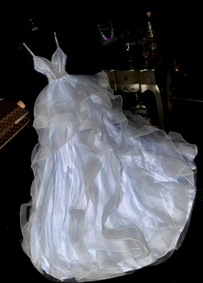 Glittering Spaghetti Straps Pastel Blue Prom Dress Ruffles A-Line Evening Dress GG6106