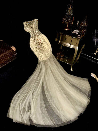 Unique Strapless Beige Prom Dress Beaded Tulle Mermaid Evening Dress GG6107