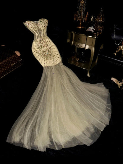 Unique Strapless Beige Prom Dress Beaded Tulle Mermaid Evening Dress GG6107