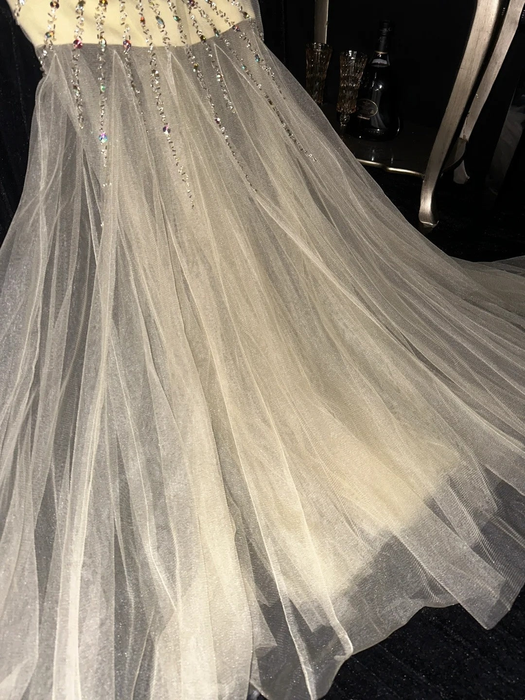 Unique Strapless Beige Prom Dress Beaded Tulle Mermaid Evening Dress GG6107