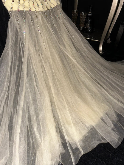 Unique Strapless Beige Prom Dress Beaded Tulle Mermaid Evening Dress GG6107