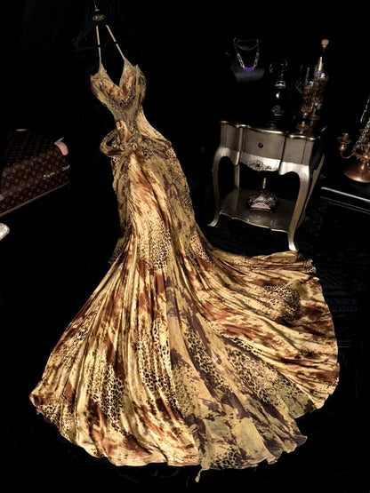 Sexy Halter Neck Leopard Prom Dress Beading Mermaid Evening Dress GG6109