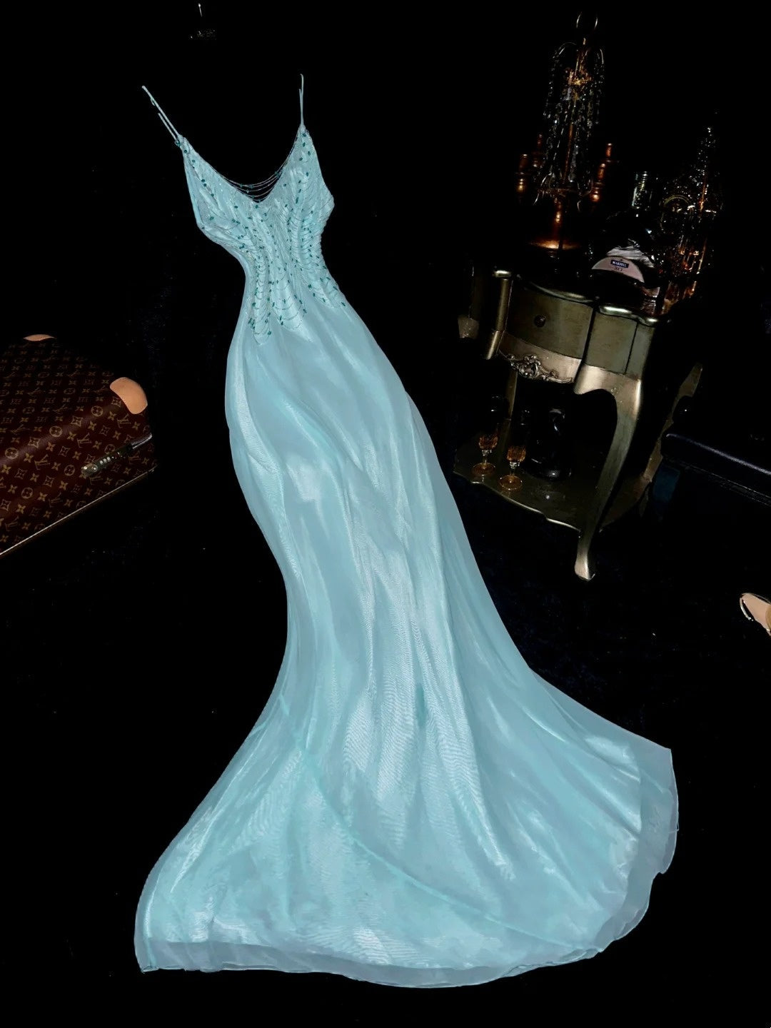 Glittering Spaghetti Straps Blue Prom Dress Beading Chiffon A-Line Evening Dress GG6111