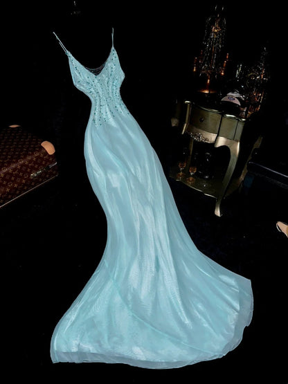 Glittering Spaghetti Straps Blue Prom Dress Beading Chiffon A-Line Evening Dress GG6111